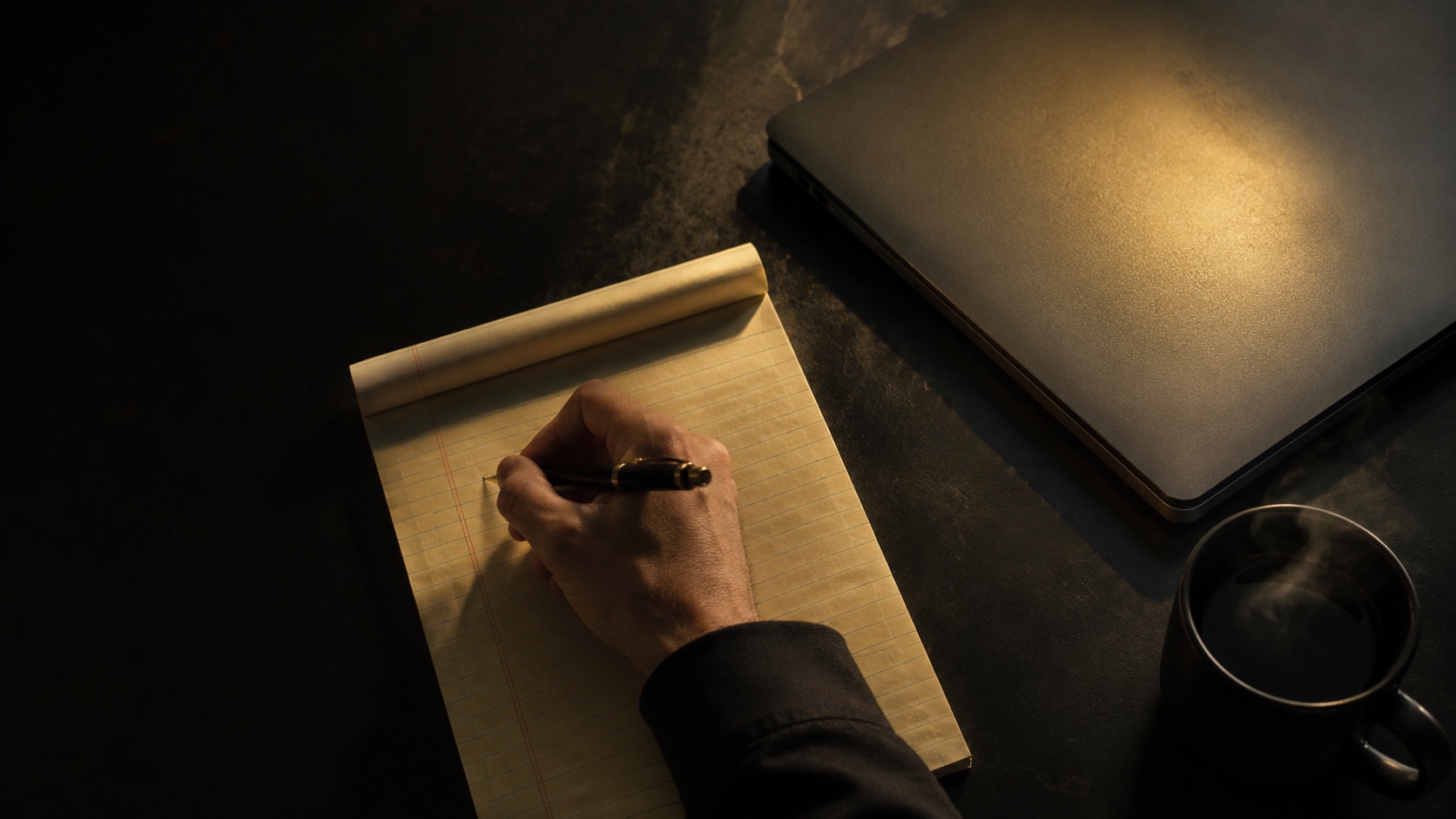 Closed laptop and a hand writing on a yellow legal pad with a fountain pen, lit by a single warm light