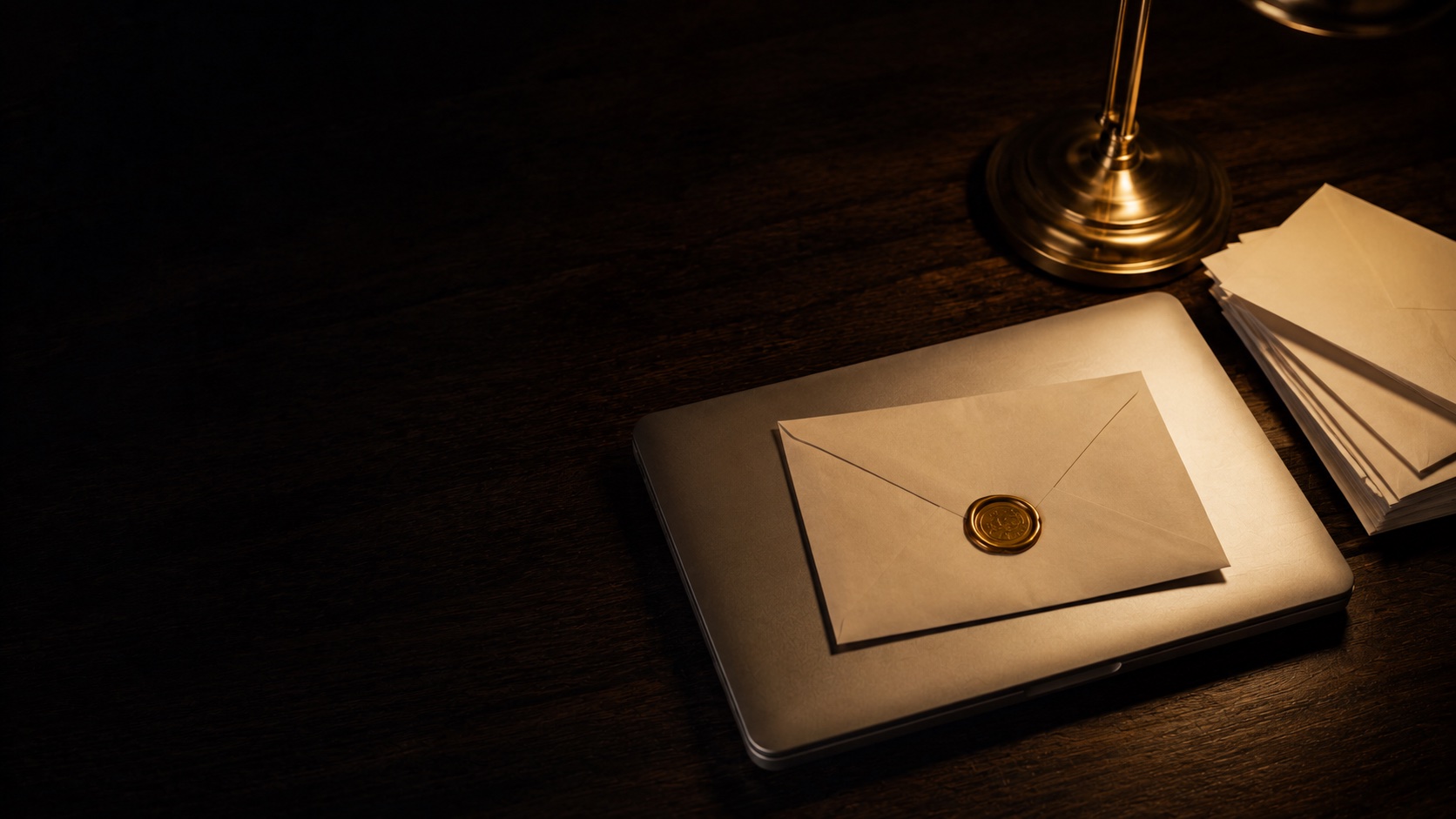 Overflowing wire mesh inbox tray on a wooden desk with an envelope sealed with a gold wax seal
