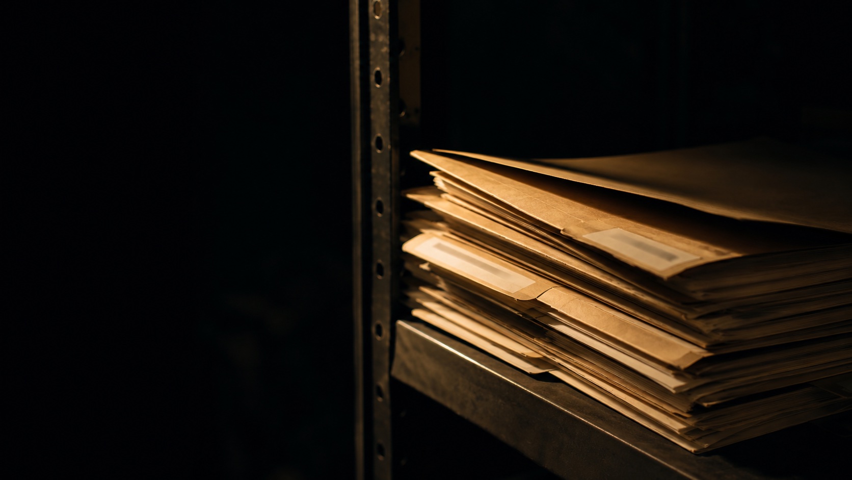 Stack of manila folders on a steel office shelf, raked by warm gold light