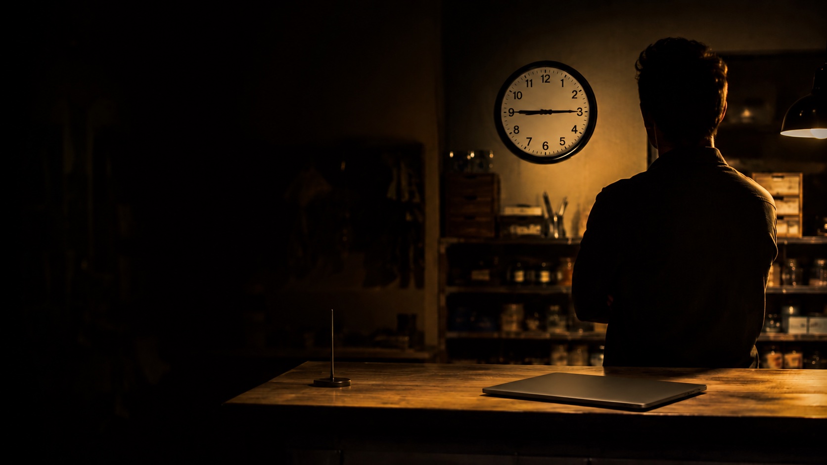 Small business shop counter at night after closing, owner standing in silhouette under a warm pendant looking at the wall clock