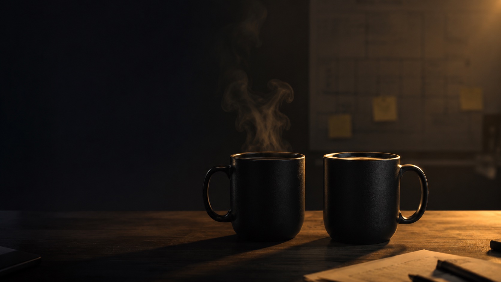 Two identical matte black coffee mugs on a desk, one steaming, project planning board in the background