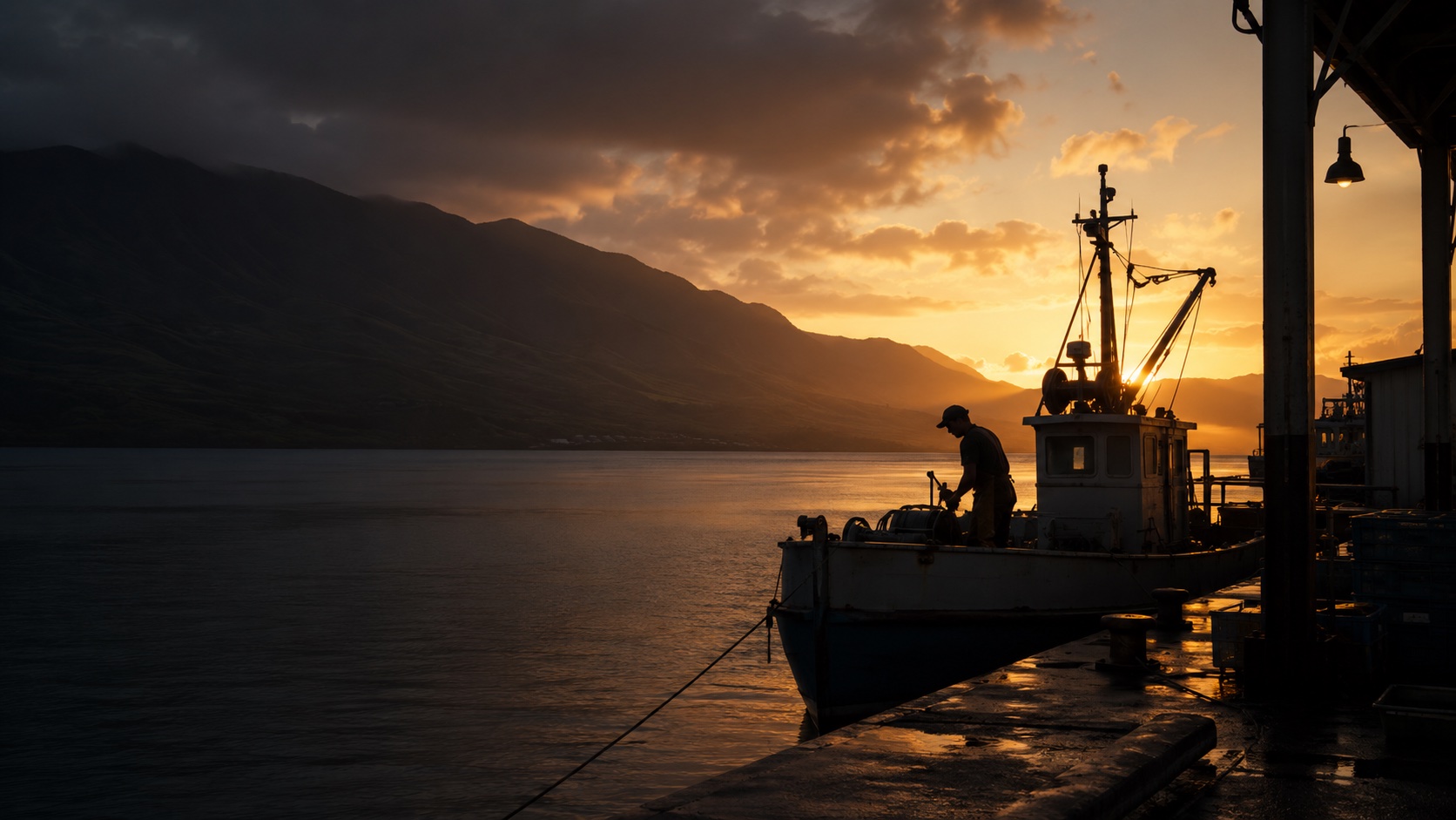 A working fishing boat at a Hawaiian harbor dock at dawn, mountains in the distance, gold sunrise