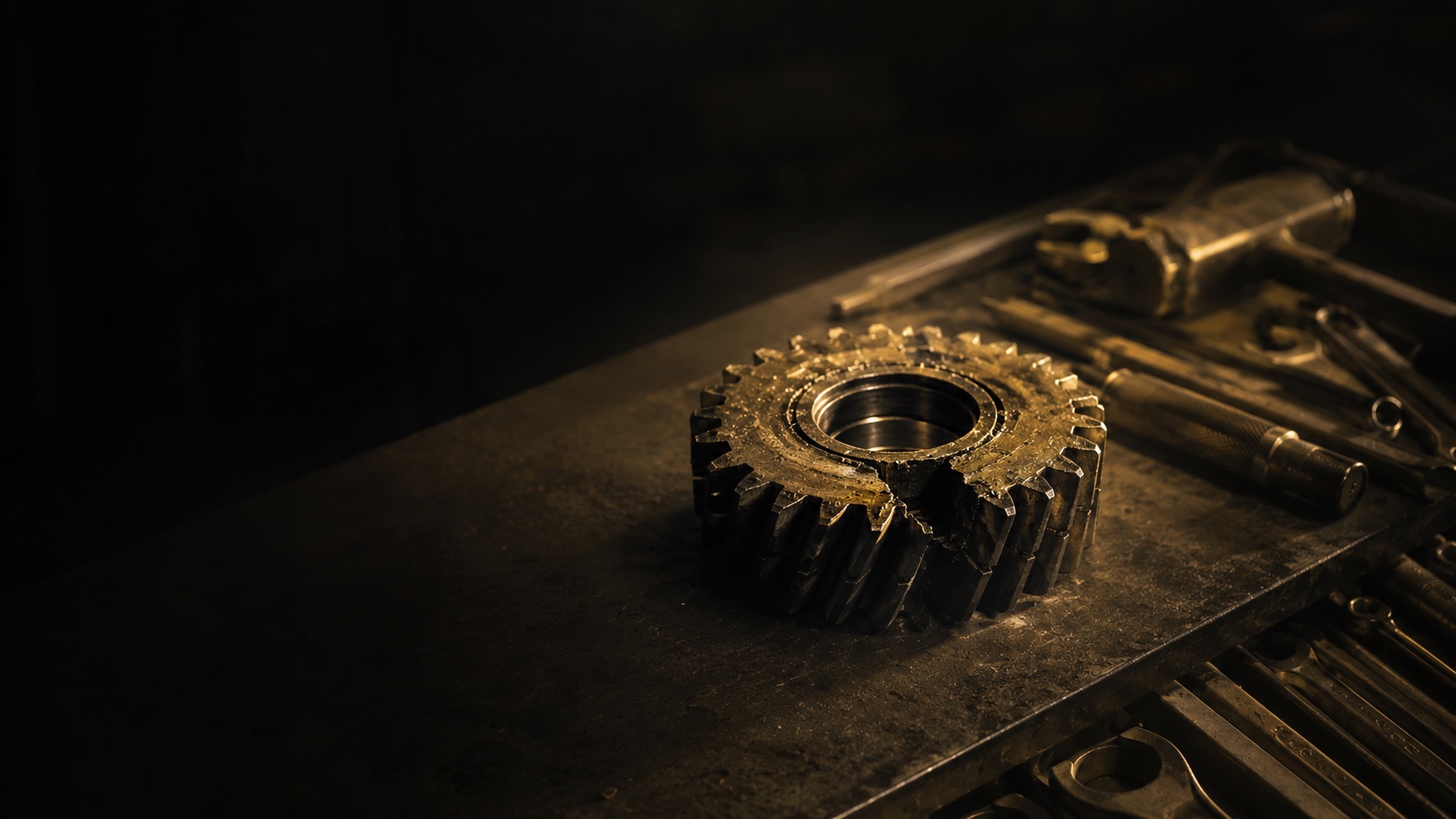 A jammed industrial cog gear with broken teeth on a workbench surrounded by hand tools