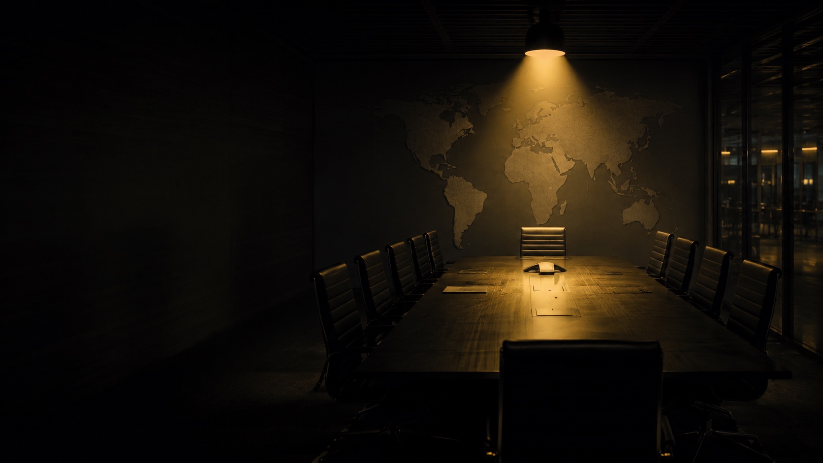 Empty corporate boardroom under a single warm pendant, world map on the back wall