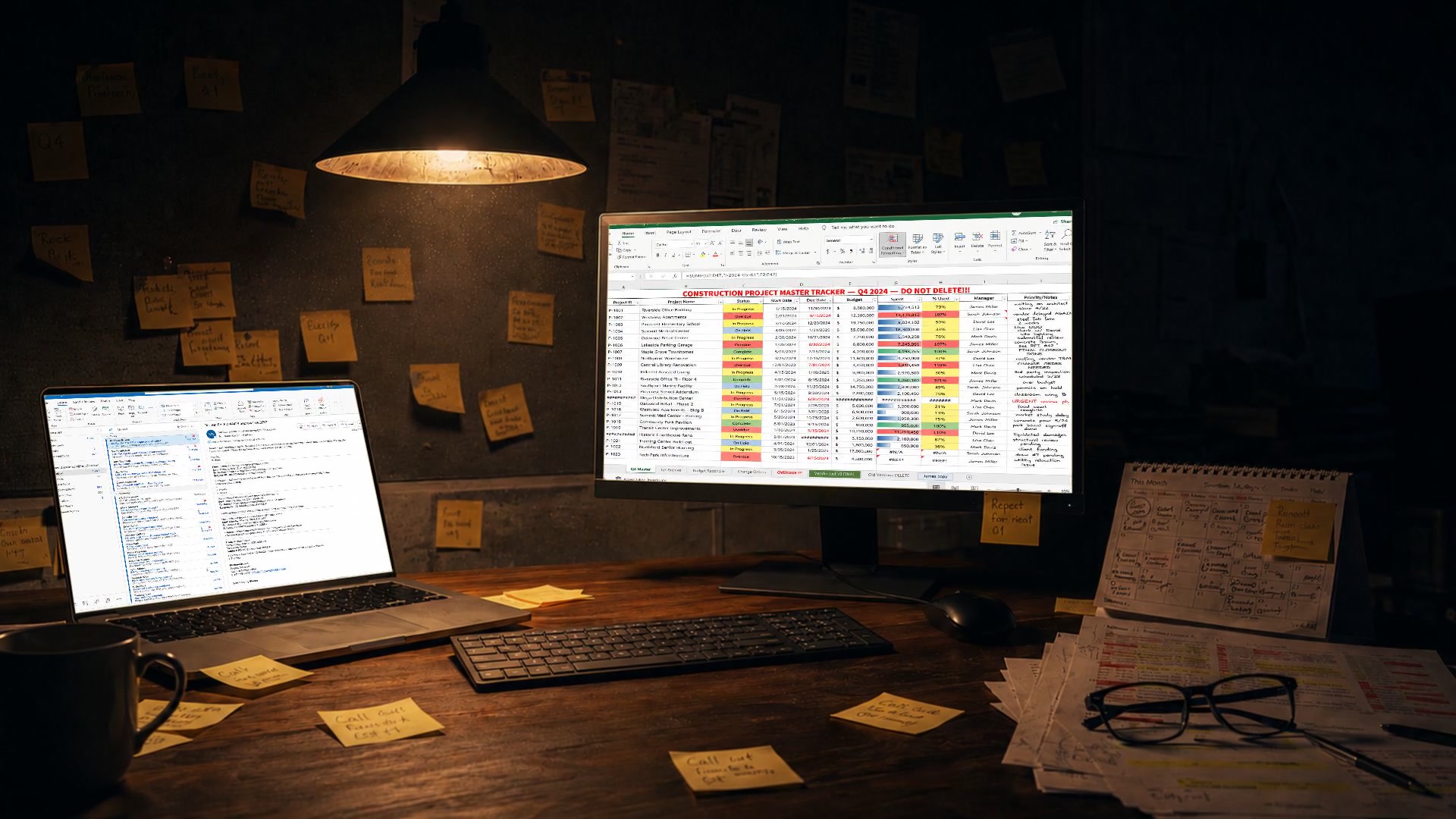 A cluttered workstation: laptop showing an Outlook inbox at 1,247 unread, monitor showing a sprawling Excel master tracker, sticky notes on the wall and desk
