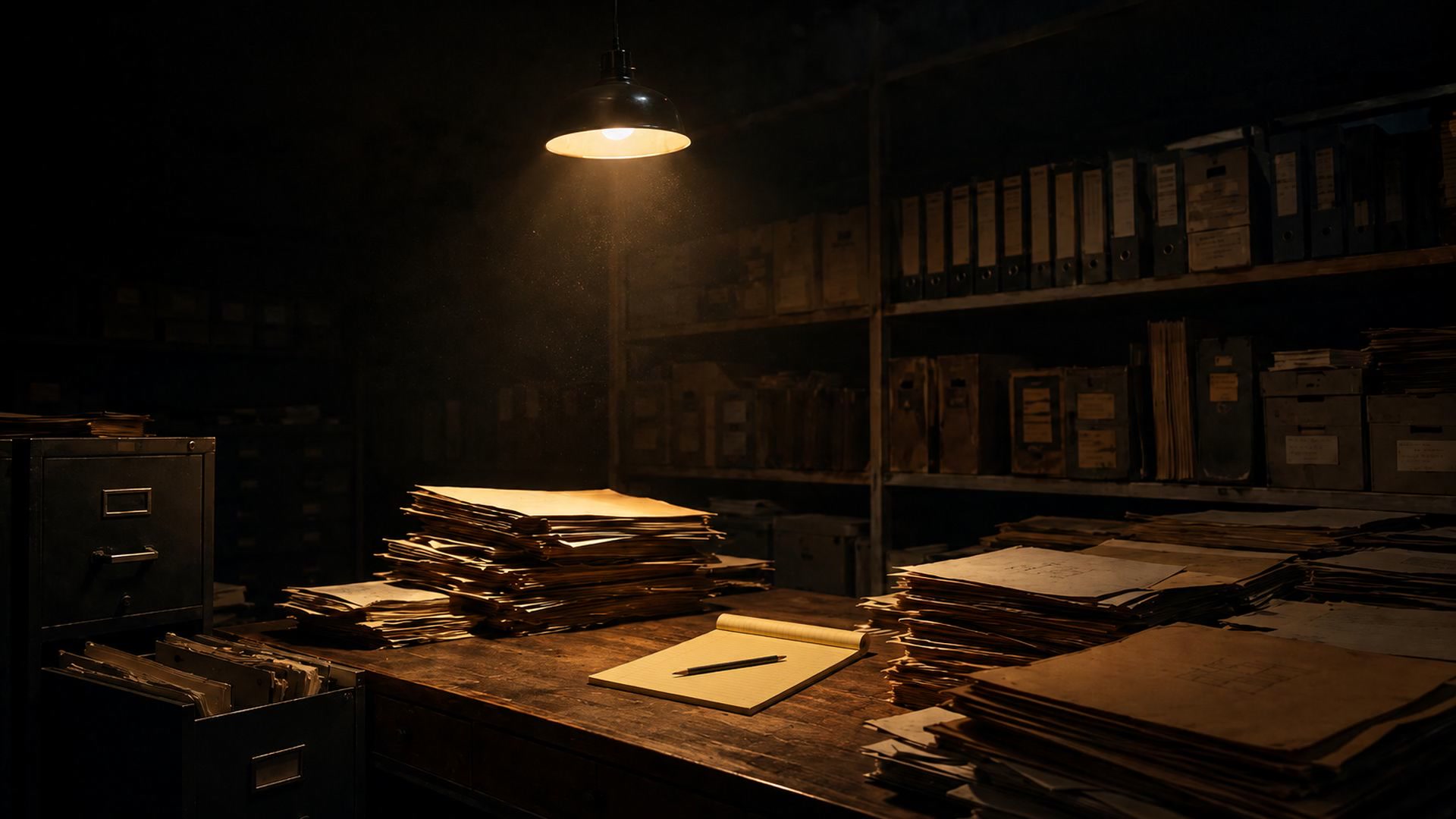 A back-office archive: heavy paper stacks under a warm pendant light, filing cabinets, banker's boxes lining the wall