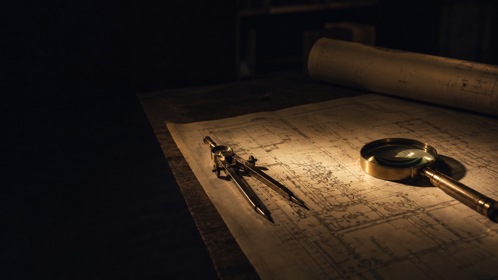 Drafting compass and brass magnifying glass on an architectural blueprint, raked by warm light