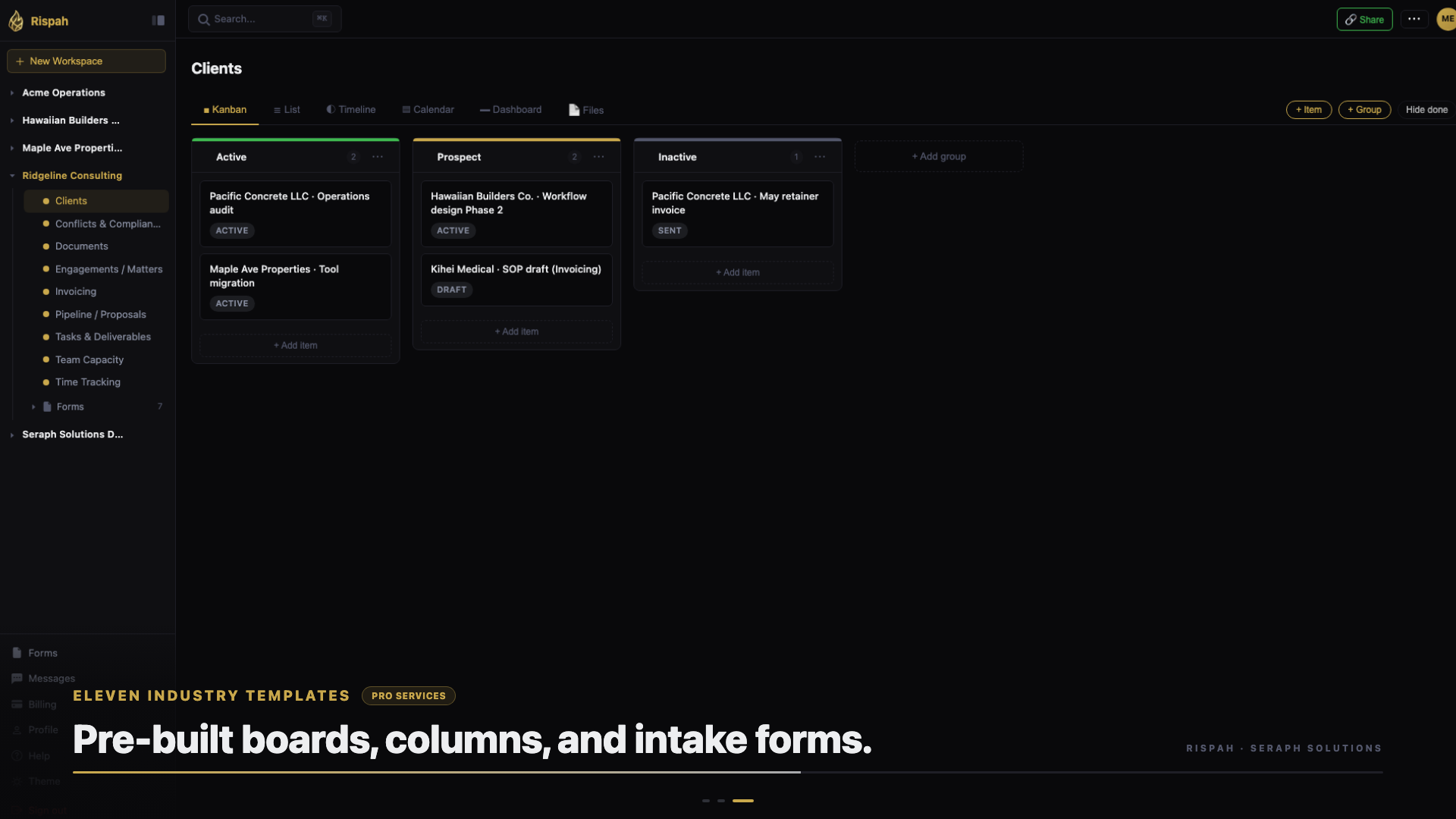 Rispah professional services industry template with client engagements, audits, and workflow design tracking