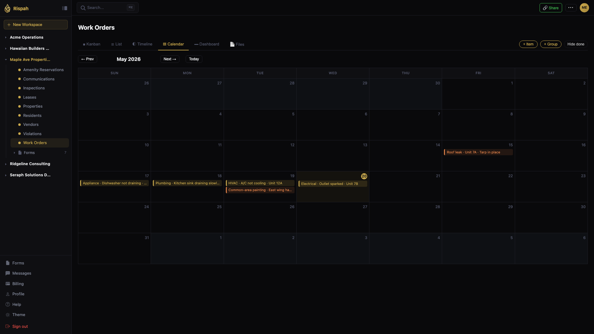Rispah calendar view with work items mapped to dates