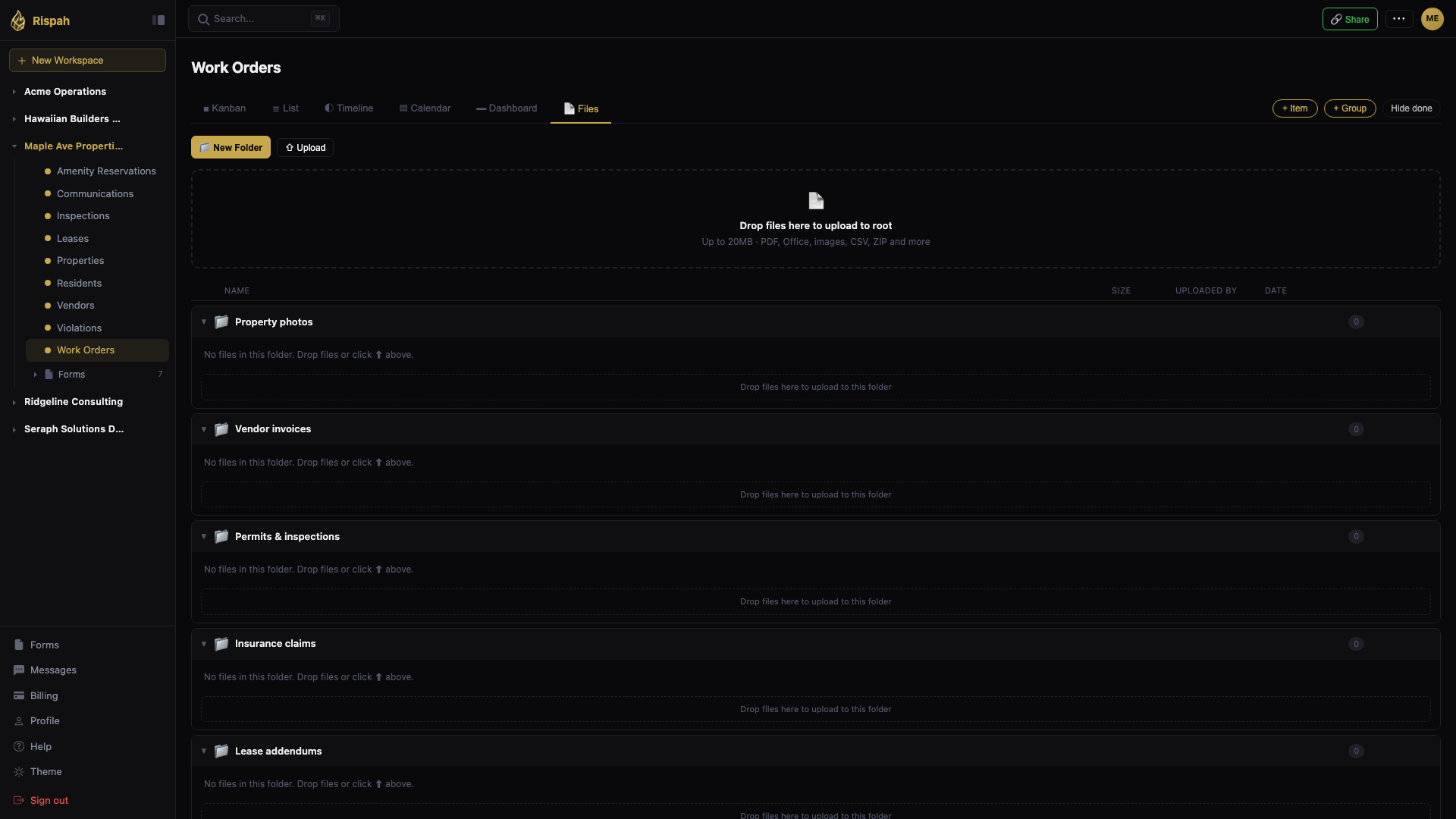 Rispah files view with attachments and documents organized by project