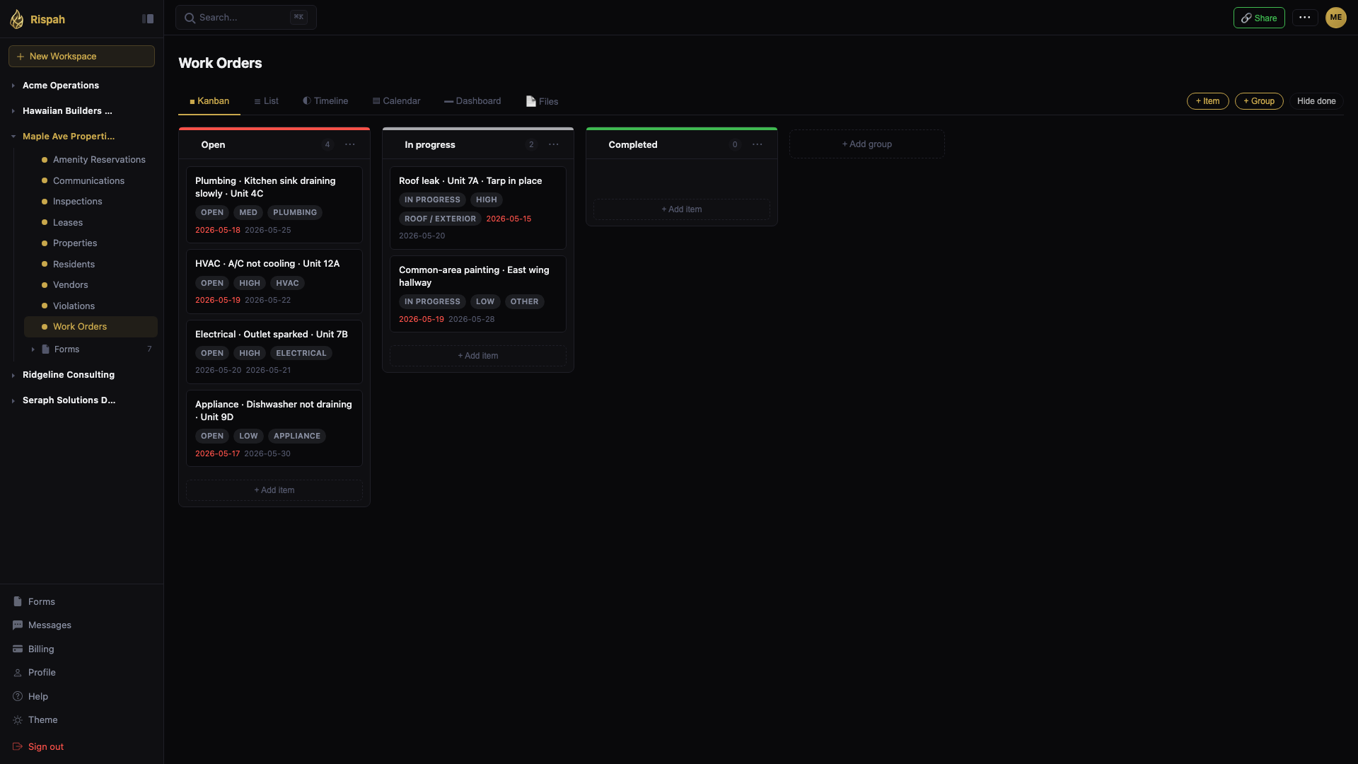 Rispah Kanban board view with work orders organized by status columns
