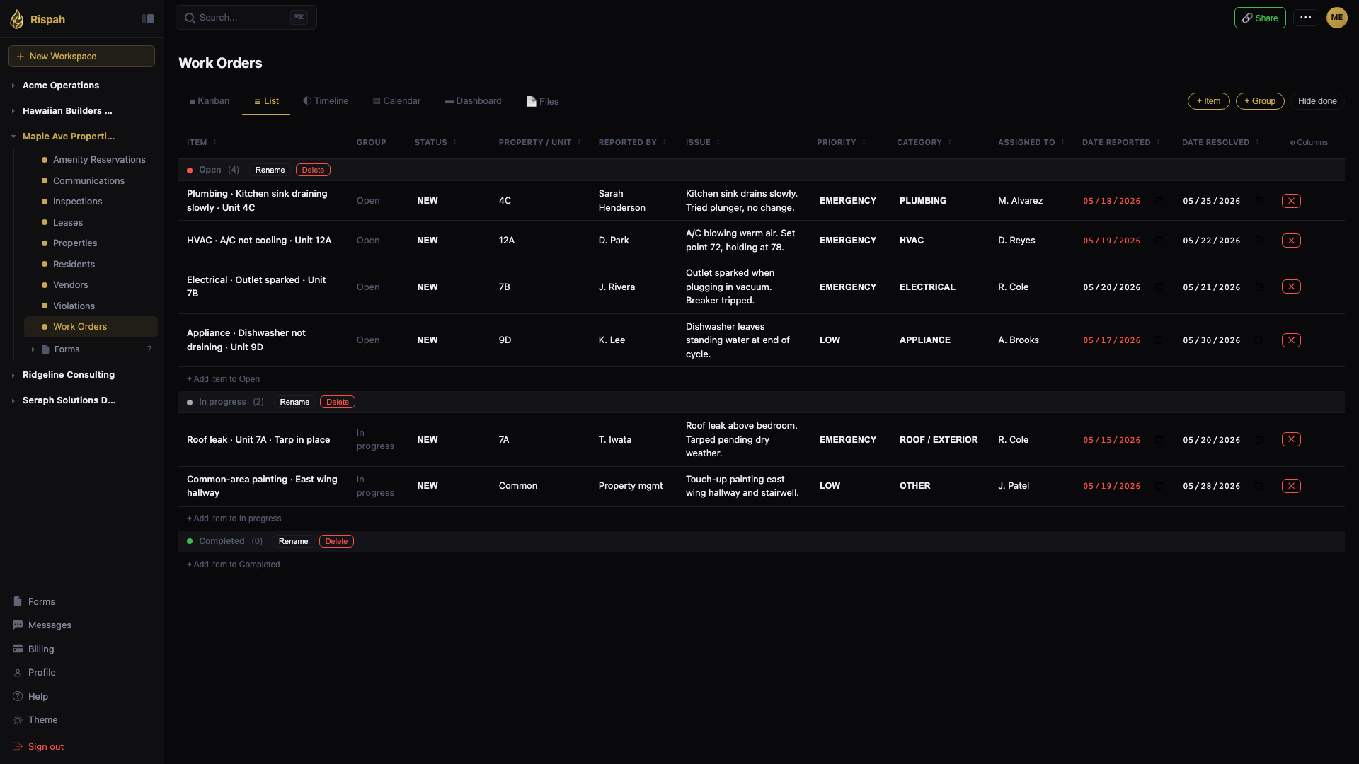 Rispah list view showing work orders with sortable columns