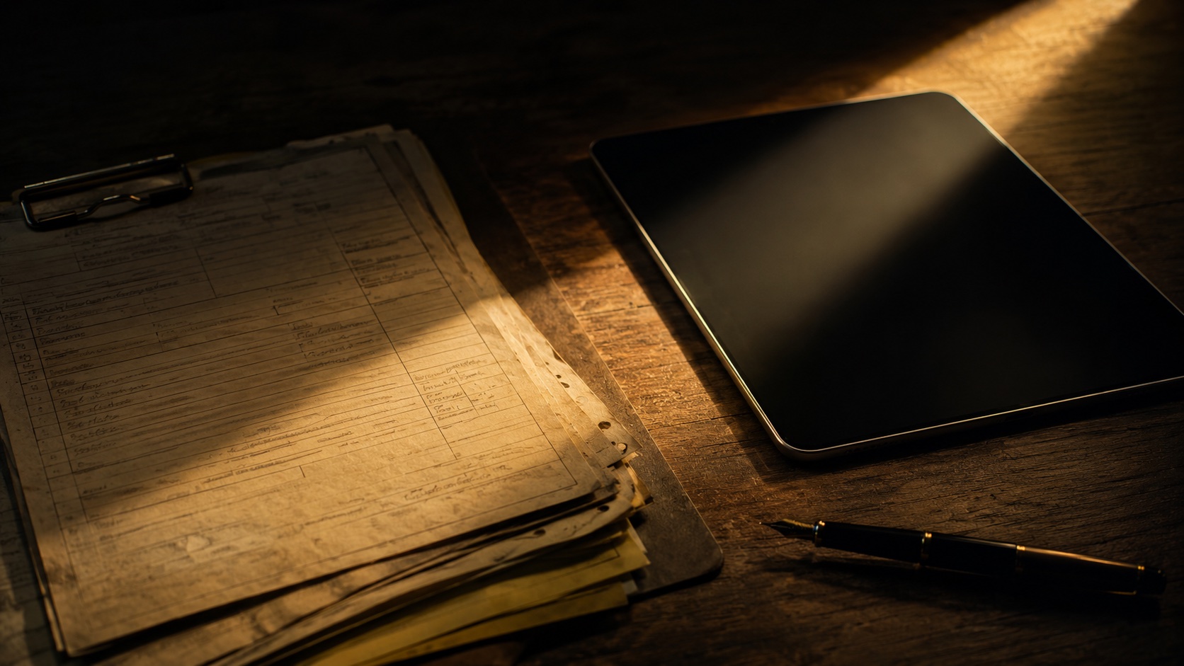 Stack of paper job tickets on a clipboard next to a closed tablet on a wooden desk, with a fountain pen